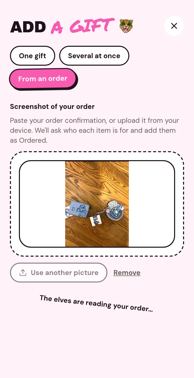 An uploaded order photo in the From-an-order screen while the elves read it