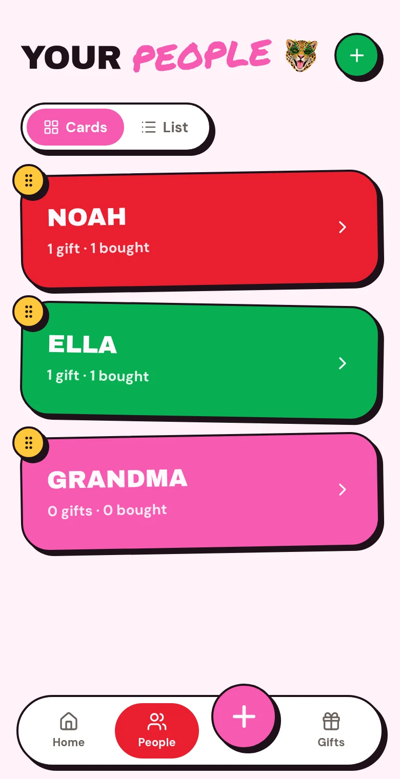 The app’s People screen with example lists for Noah, Ella and Grandma