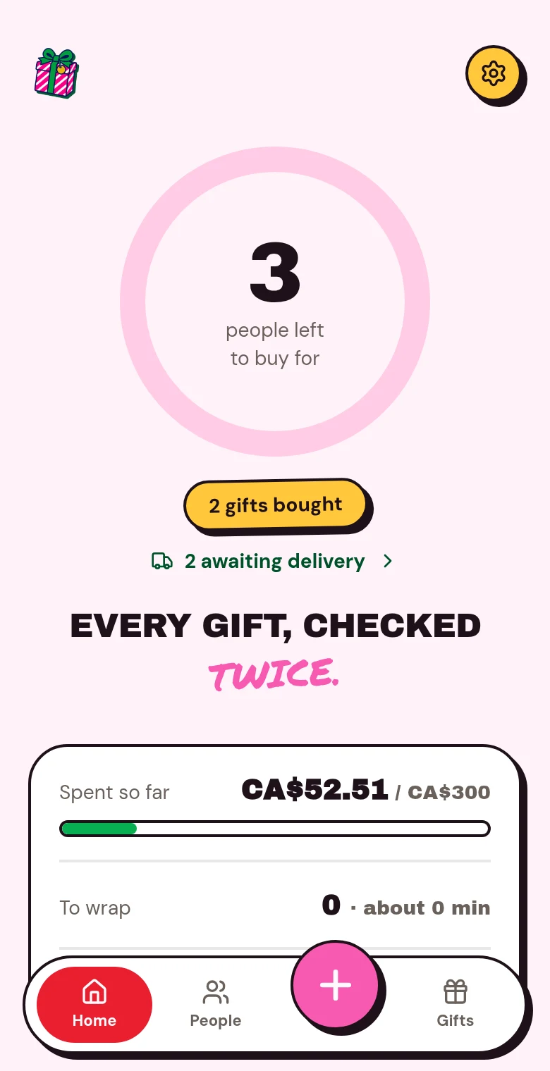 The Home screen showing two gifts bought and two awaiting delivery