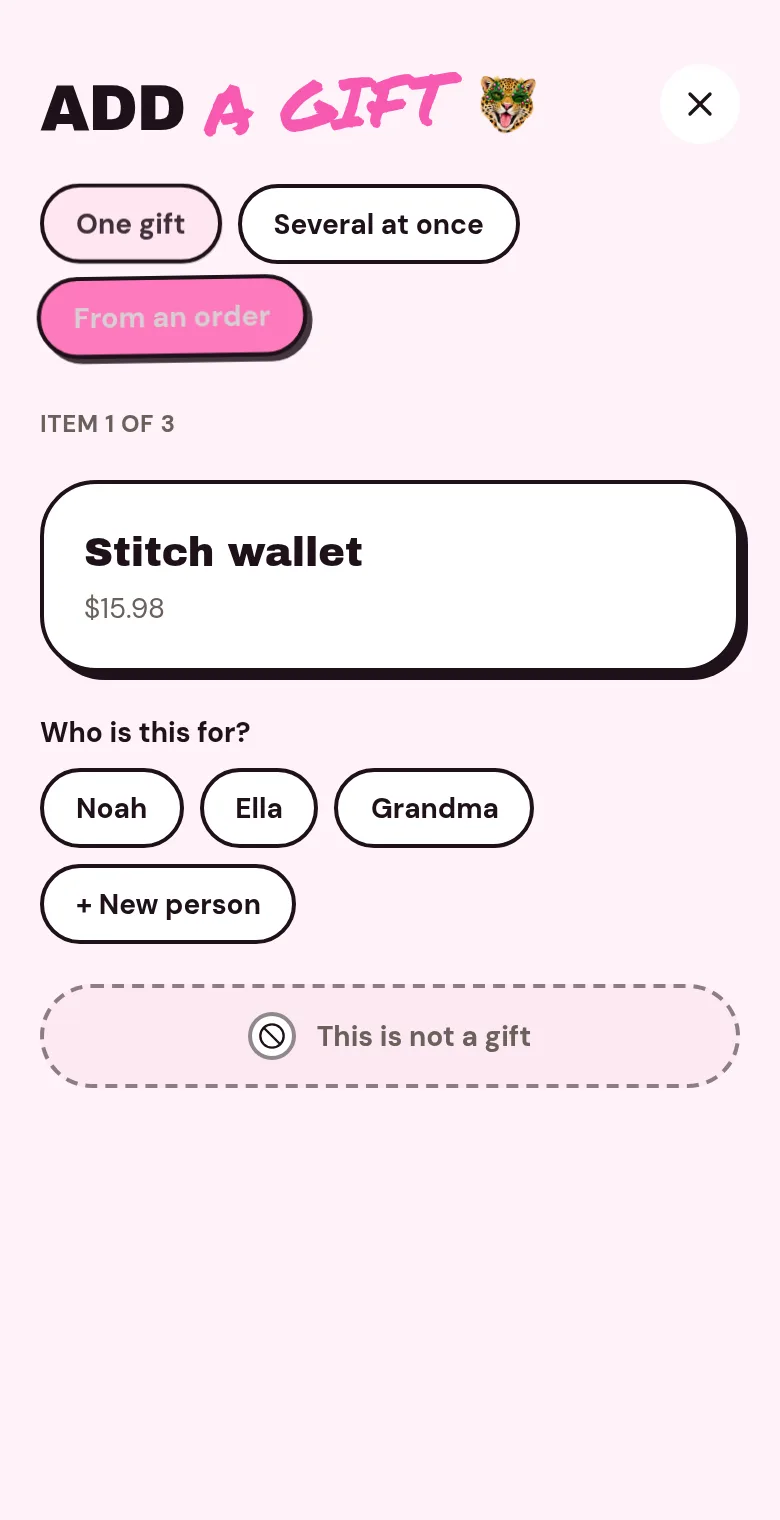 An uploaded order’s Stitch wallet with recipient choices and a not-a-gift option